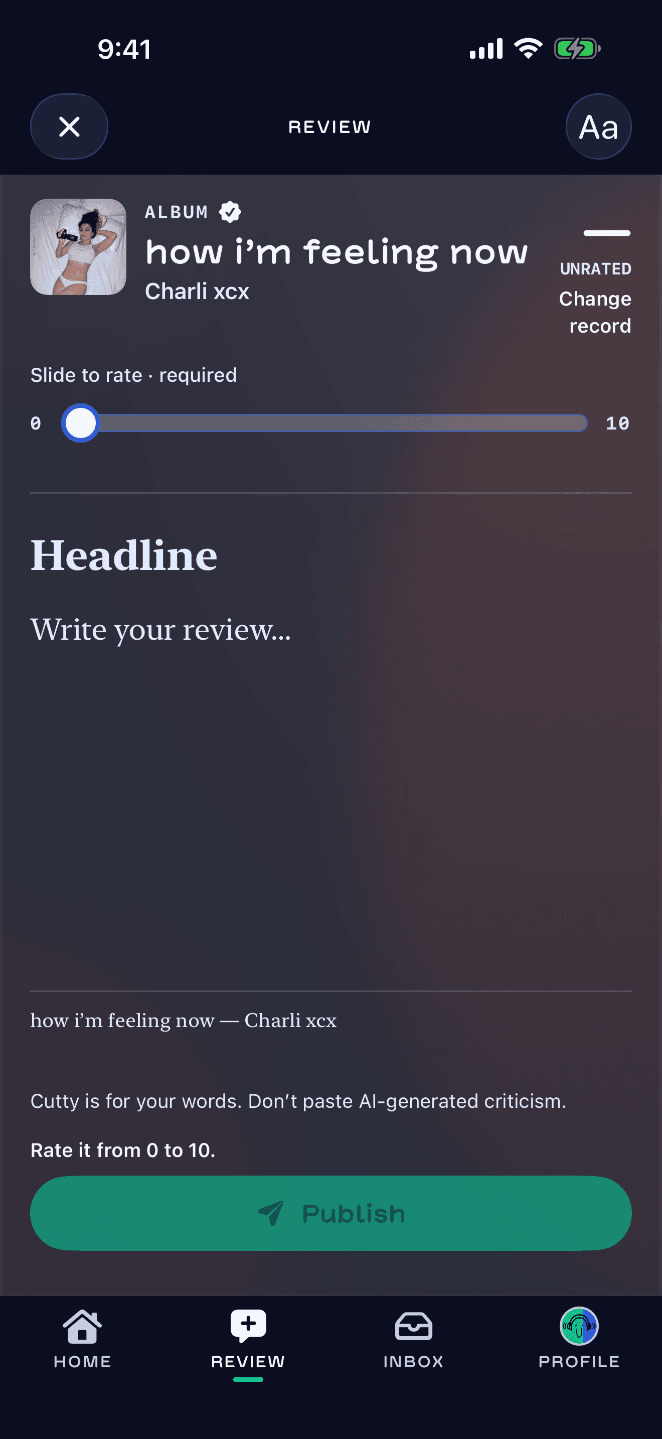 Cutty’s review composer, with its zero-to-ten rating slider.